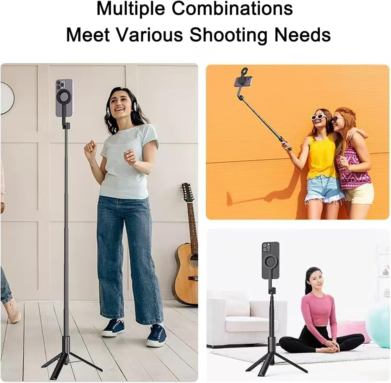 Horizum Magnetic Phone Tripod with Light, 51''/63'' Extendable Portable Selfie Stick with Wireless Remote for iPhone, 360° Rotation Phone Stand for Video Recording/Vlogging (Black,51'')