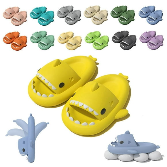 (yellow 36-37)Shark Slides Kid Adult Women Men Shark Slippers - Cloud Shark Slide Beach Sandals Unisex Pillow House Slipper
