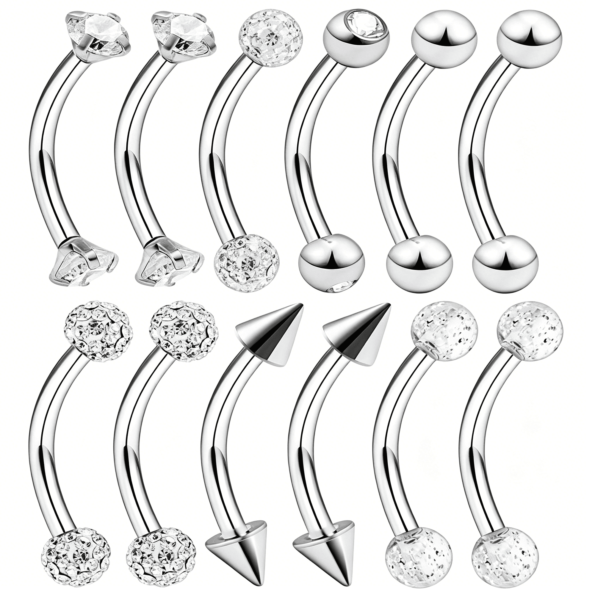DESIGNICE 6-12 Pcs 16G Stainless Steel Eyebrow Piercing Rings Clear Cz Curved Barbell Helix Daith Piercing Body Jewelry for Women Men