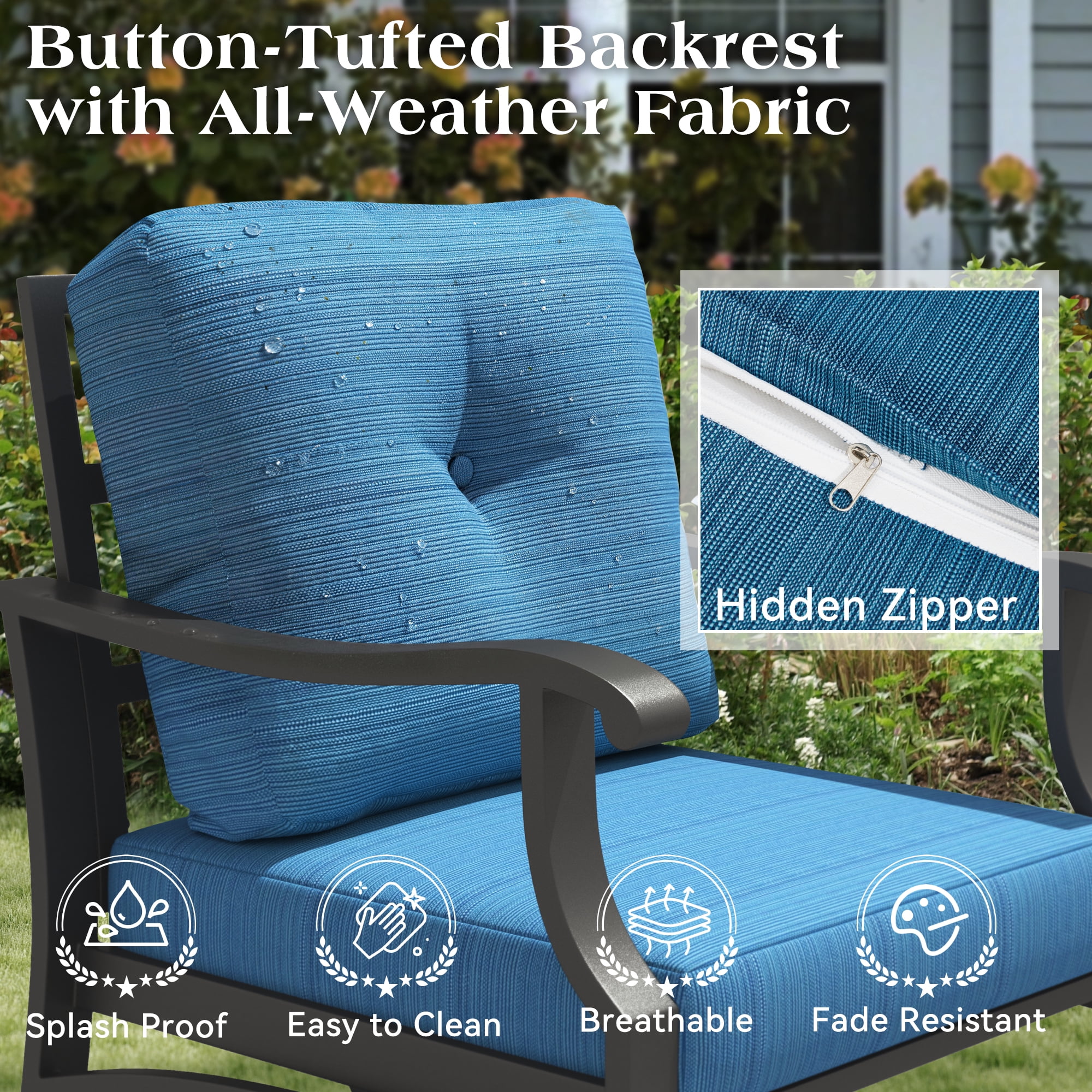 Mvpipi Outdoor Swivel Rocker Chairs, 3 Piece Metal Patio Rocking Chair w/Coffee Table, Aluminum Patio Bistro Furniture Set with 5" Thickened Cushions for Porch, Backyard, Balcony, Blue