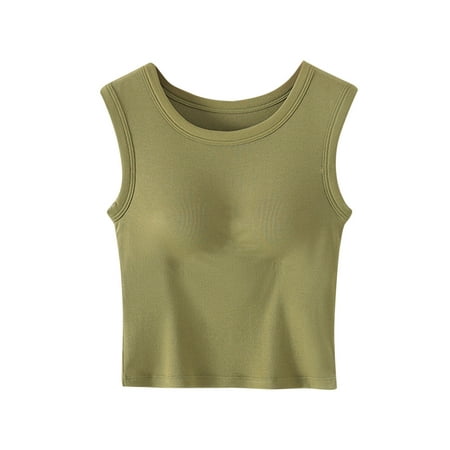 Deals Self Bra Sleeveless Shirts for Women Scooped Neck Tank Tops Plain Basic Camisole Loungewear Invisible Wireless Bras Padded Push Up Sports Underwear Build In Bra
