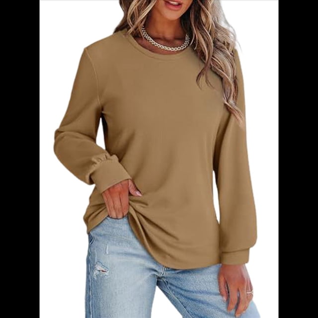 Sudadera de Mujer con Cuello Redondo, Larga, Corte Asimétrico y Dobladillo Curvo Caqui XXL