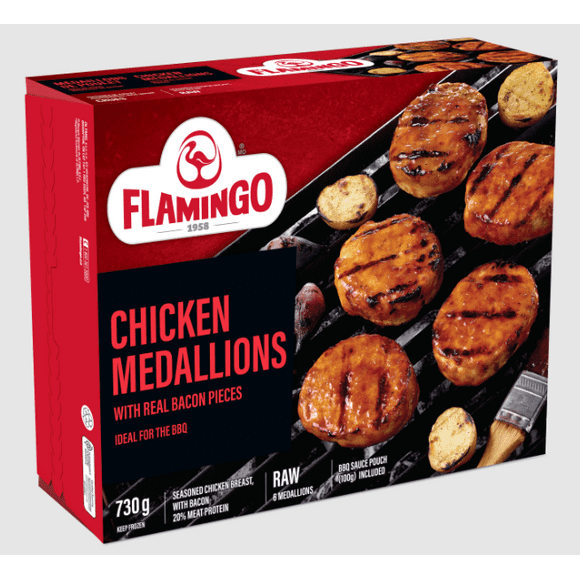 Flamingo Chicken Medallion with Bacon, Chicken Medallion with bacon - Seasoned chicken breast , with bacon, raw
