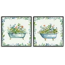 Stupell Industries Charming Flower Filled Tub Bath & Laundry Painting Black Framed Art Print Wall Art, 12 x 12, Set of 2