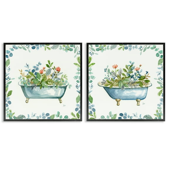 Stupell Industries Charming Flower Filled Tub Bath & Laundry Painting Black Framed Art Print Wall Art, 12 x 12, Set of 2