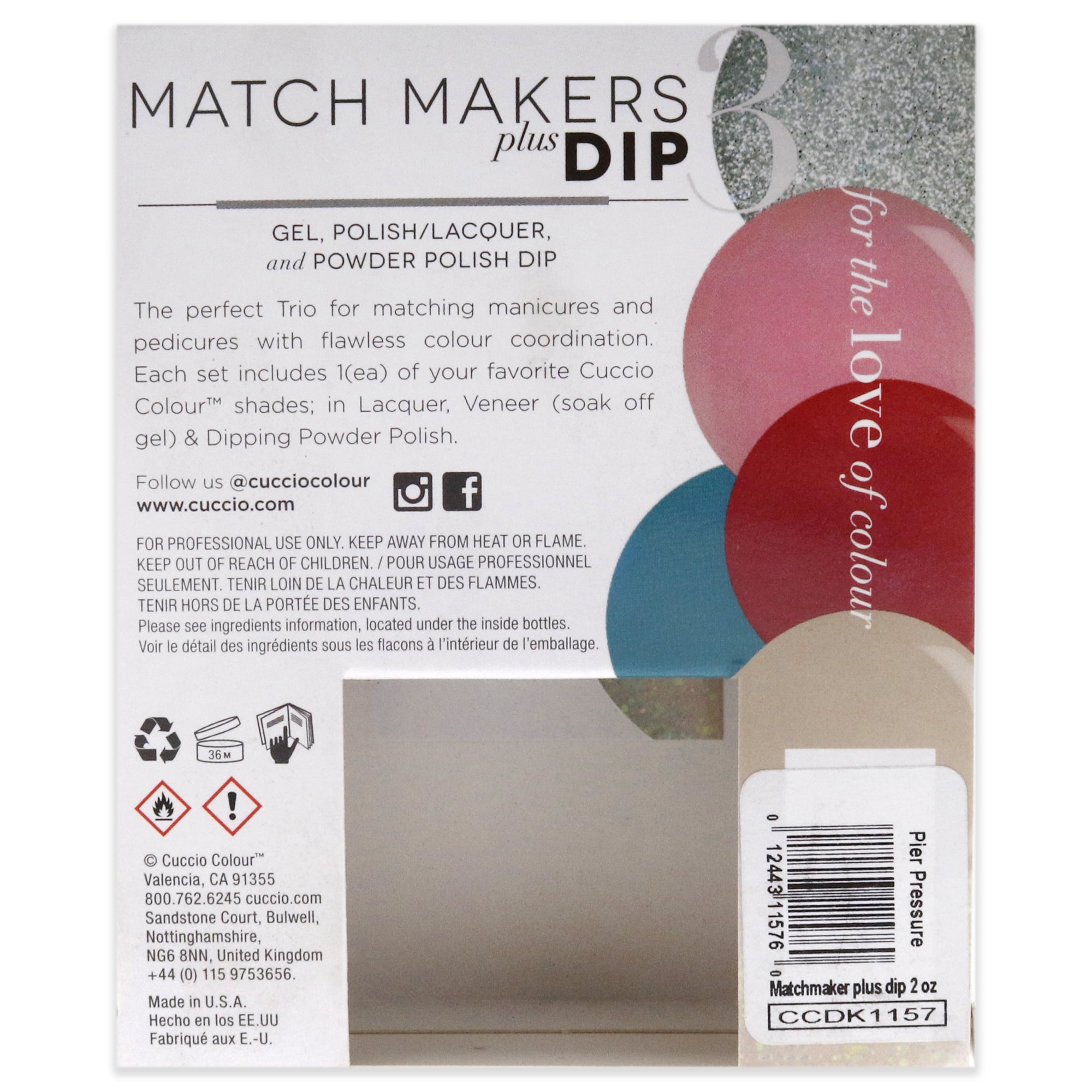 Match Makers Plus Dip - Pier Pressure by Cuccio Colour for Women - 3 Pc 1.6oz Pro Powder Polish Dip System, 0.44oz Veneer Soak Off Gel, 0.43oz Colour Nail Polish