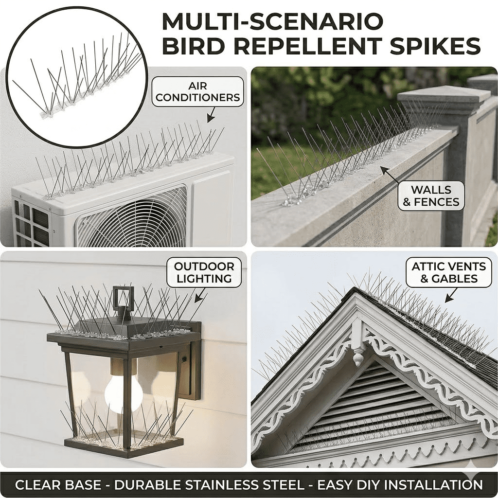 Bird Spikes for Small Birds & Pigeons - 300cm (118in) Bird Deterrent Spikes for Fence, Roof & Window Sills - Upgraded Anti-Bird Strips to Keep Birds, Cats & Squirrels Away Set of（10）