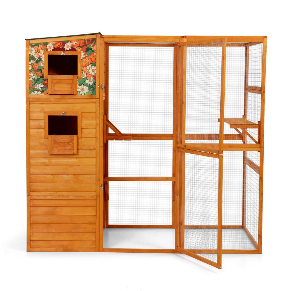 Resenkos Tall 70" Outdoor Cat Catio, 4-Level Windowed Cat Enclosure, Weatherproof Roof, 2 Cozy Rooms, 2 Platforms, Orange With Colorful Patterns