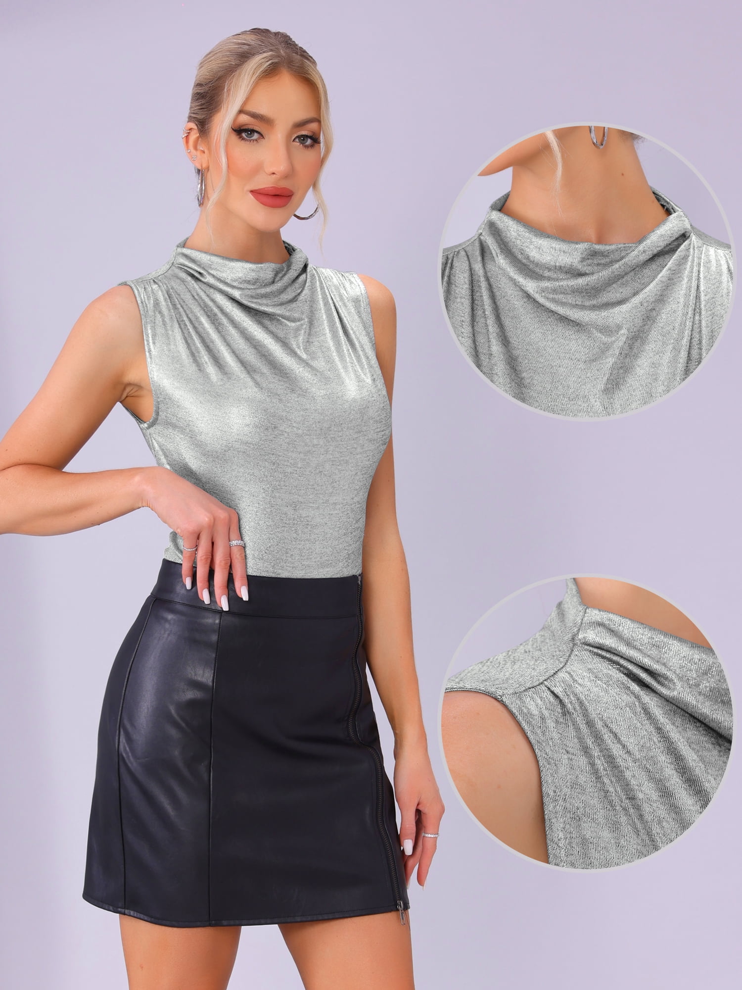 DARING DIVA Women's Elegant Shiny Party Sleeveless Cowl Neck Blouse XS Silver