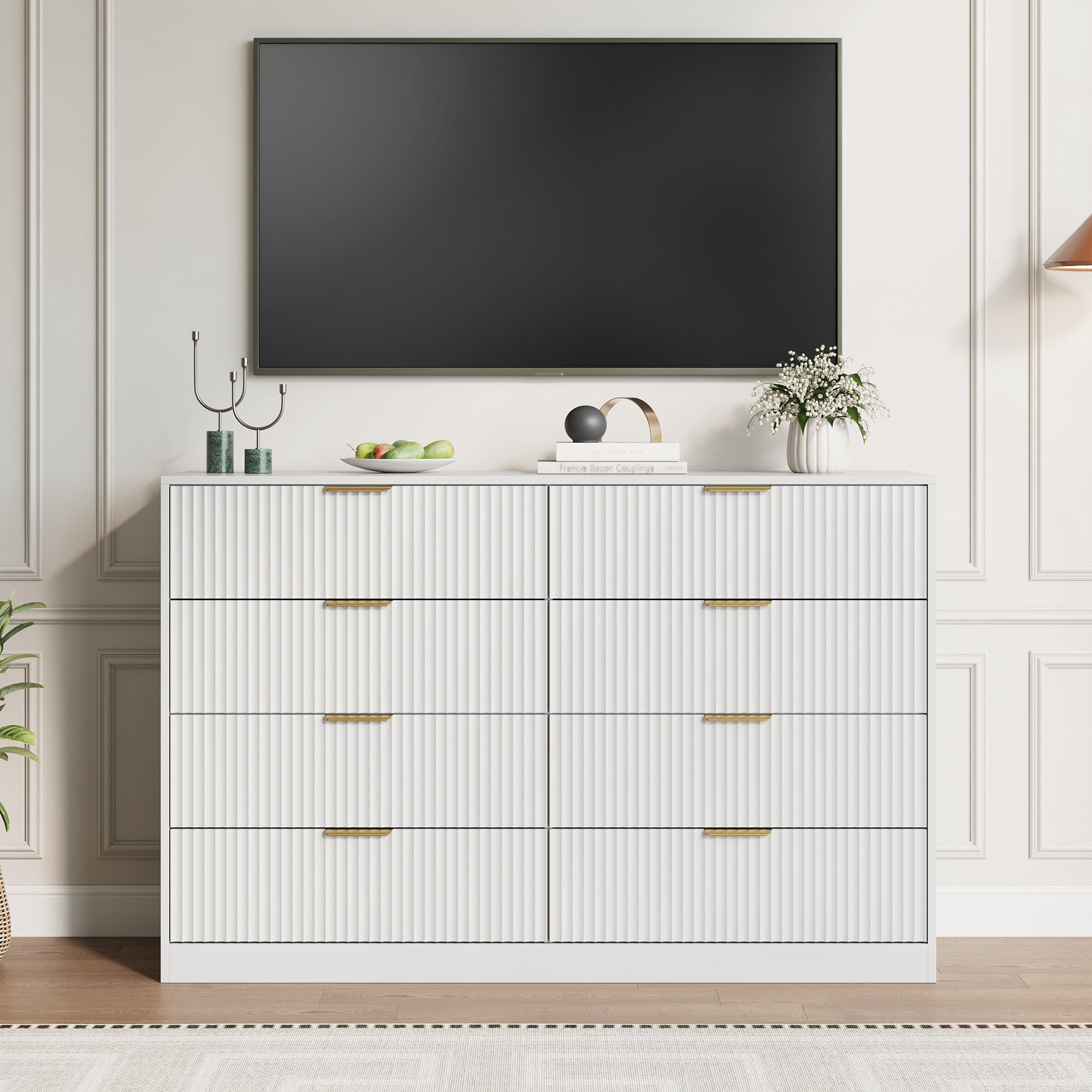 YouTrend White 8 Drawer Dresser with for Bedroom,Modern Adult Fluted Wood Chest of Drawer with Golden Embedded Handles for Living Room,Hallway