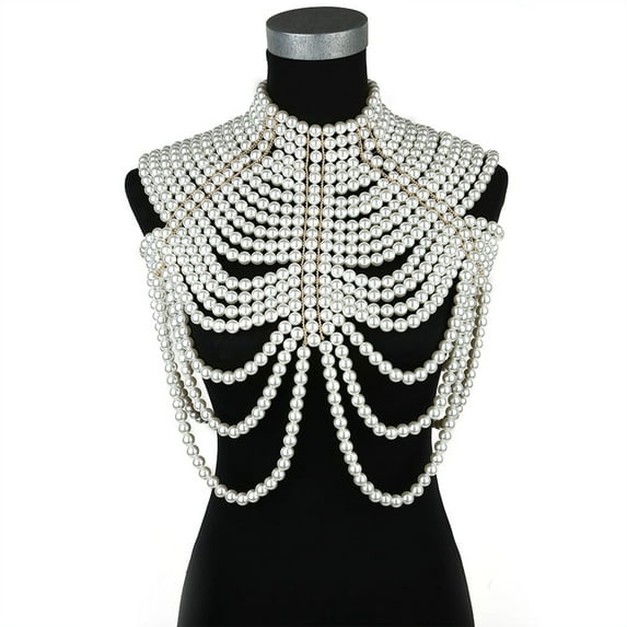 GENEMA Womens Multi Layered Imitation Pearl Necklace Statement Adjustable Size Shoulder Chain Tops Sexy Bikini Body Jewelry Shawl Wrap for Wedding Dress
