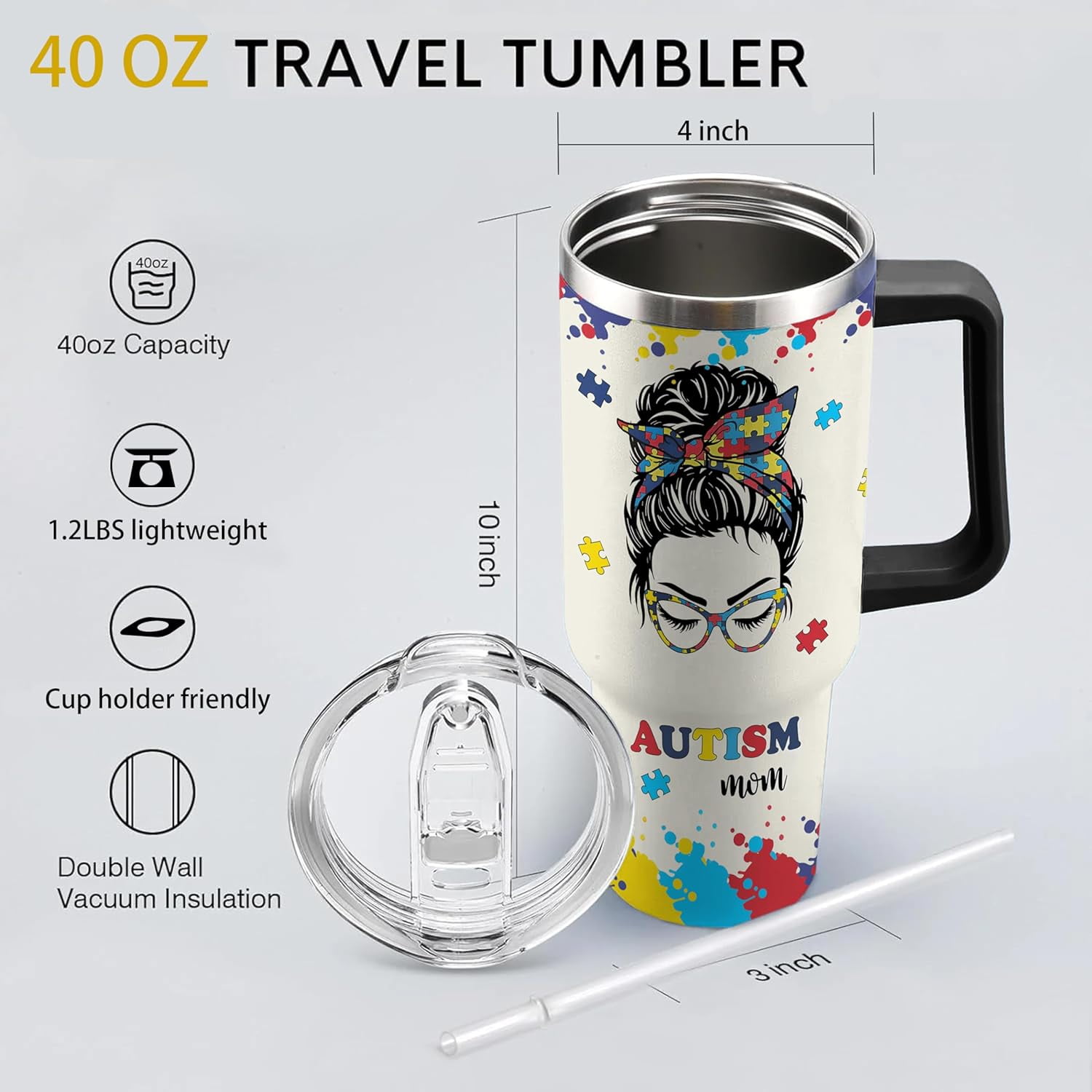 40 OZ Autism Mom Cup with Handle and Straw Lid Leak Proof, Stainless Steel Autism Mom Tumbler Gifts Mothers Day, Insulated Autisms Mother Mug Keeps Drinks Hot Cold Ice, Birthday Gift for Women