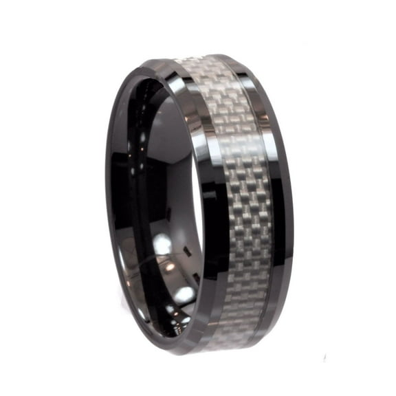 Black 8mm Ceramic w/ Silver Carbon Fiber Band Comfort Fit