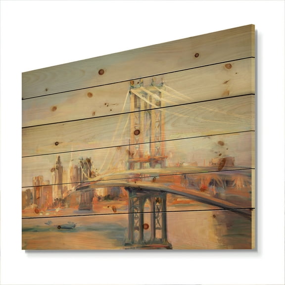 Designart 'Manhattan Brooklyn Bridge' Traditional Print on Natural Pine Wood