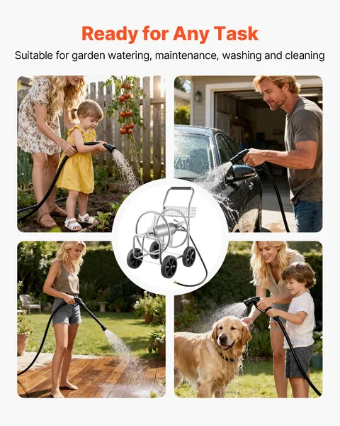 Heavy Duty 250 ft 5/8 Inch Garden Hose Reel Cart with 4 Wheels Storage Basket Powder Coated Steel Mobile Water Hose for Yard Lawn