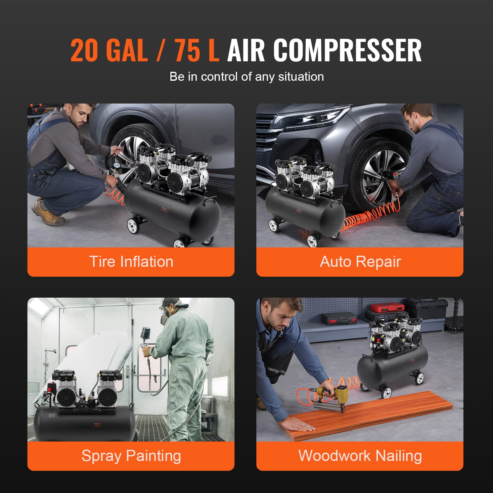 KFFKFF Air Compressor with 20 Gallon Tank, 4HP & 14.6 CFM@90 PSI, Oil-Free, Max 125PSI, 78dB Quiet Operation, Ideal for Automotive Work, Tire Filling, and Spray Paint Jobs