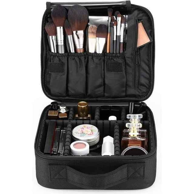 Estuche de maquillaje de viaje, organizador profesional de bolsas de maquillaje cosmético Bolsa de almacenamiento de cosméticos portátil con divisores ajustables (NEGRO)