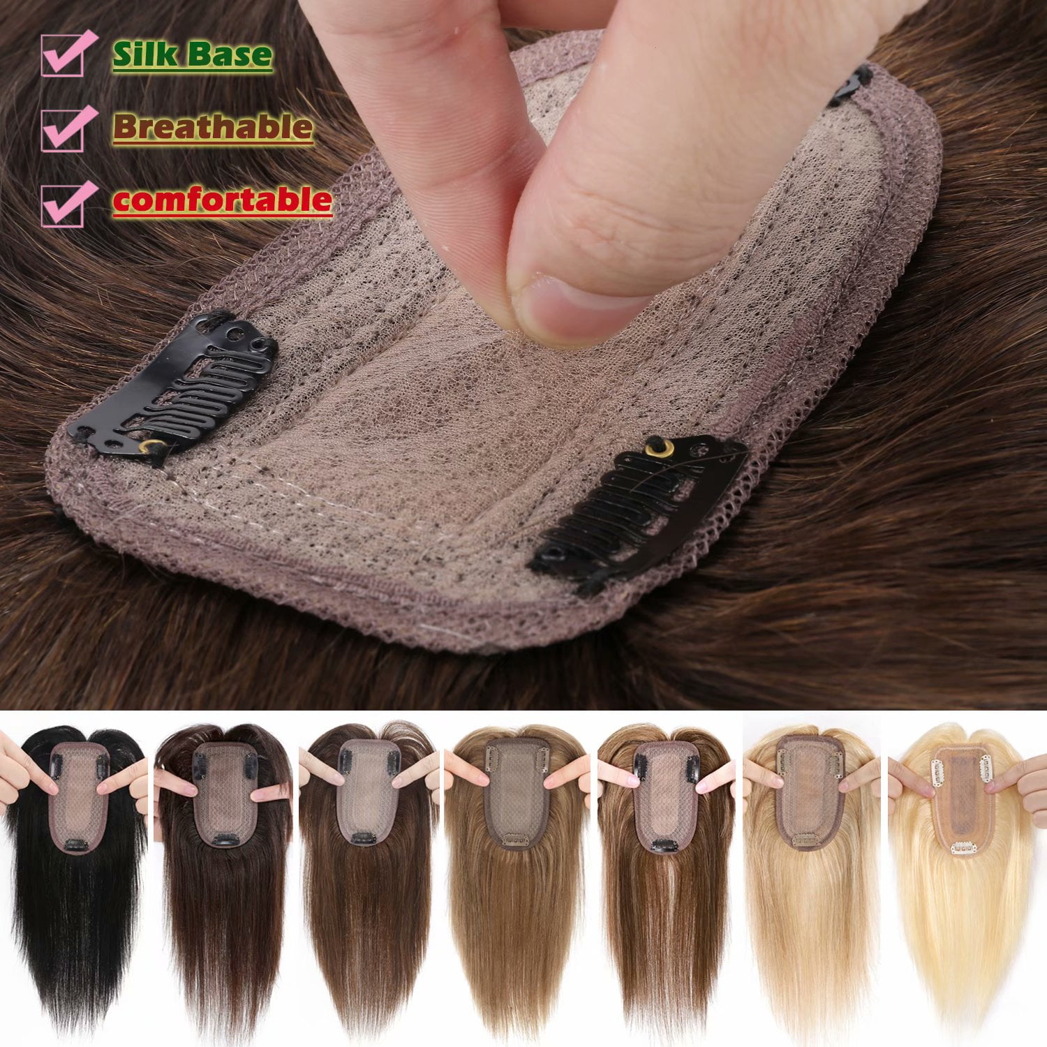 Benehair 100% Real Remy Human Hair Extensions Clip In Hairpiece with Bang Topper Toupee Women Hair Loss Silk Base Seamless 150% Density Brown