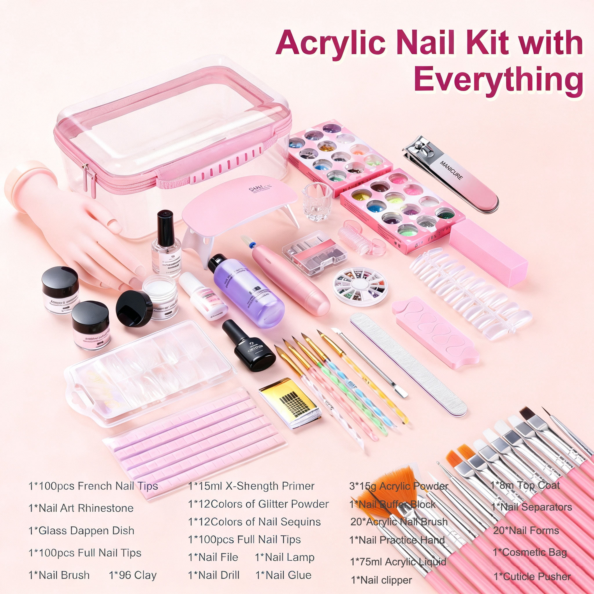 Nail Kit for Beginners with Everything: Professional Nail Acrylic Powder Liquid Set with Practice Hand Drill U V Light in Cosmetic Bag for Women Salon Home (Pink)