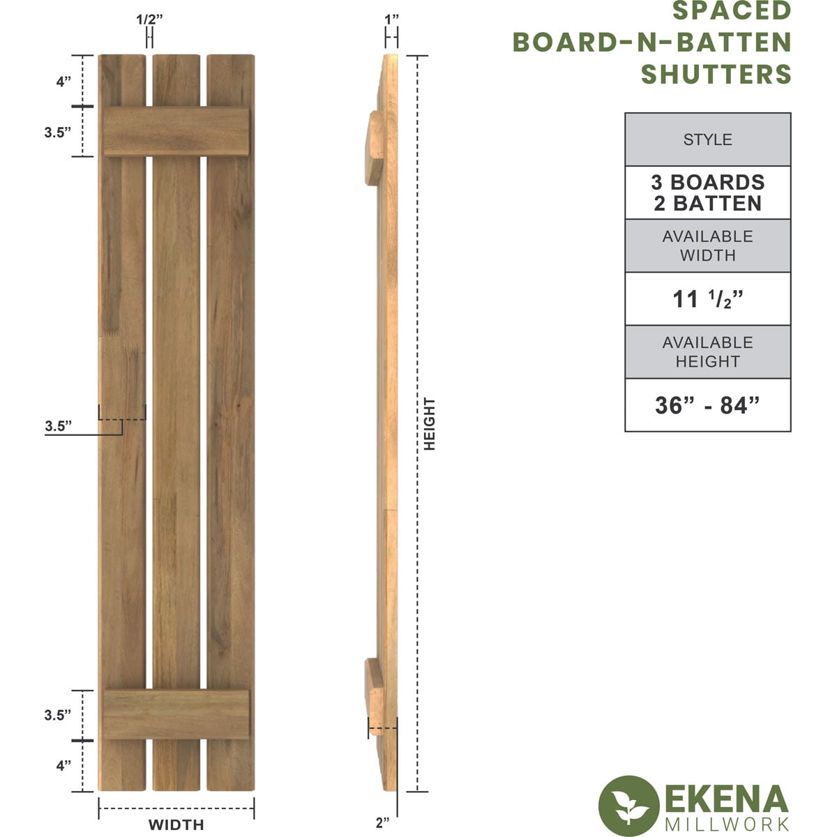 Ekena Millwork 11 1/2"W x 49"H Americraft Three Board (2 Batten) Exterior Real Wood Spaced Board-n-Batten Shutters (Per Pair), Unfinished