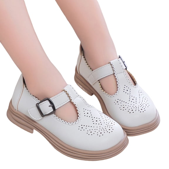 GiLiling Girls Mary Jane Dress Shoes, Perforated PU Leather T-Strap Flats with Adjustable Buckle, Non-Slip Rubber Sole Casual School Party Footwear (White, 4-4.5 Years)