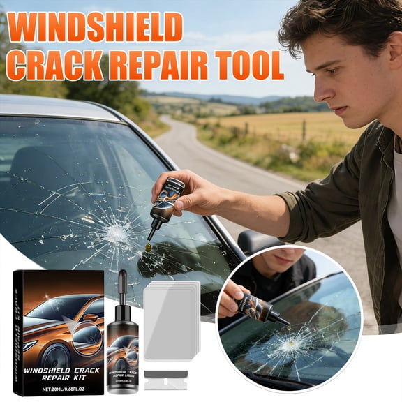 Windshield Repair Kit, Glass Crack & Chip Fix for Car Windows, Professional Resin Liquid with Curing Film & Blade, Complete Auto Glass Repair Set, 20ml