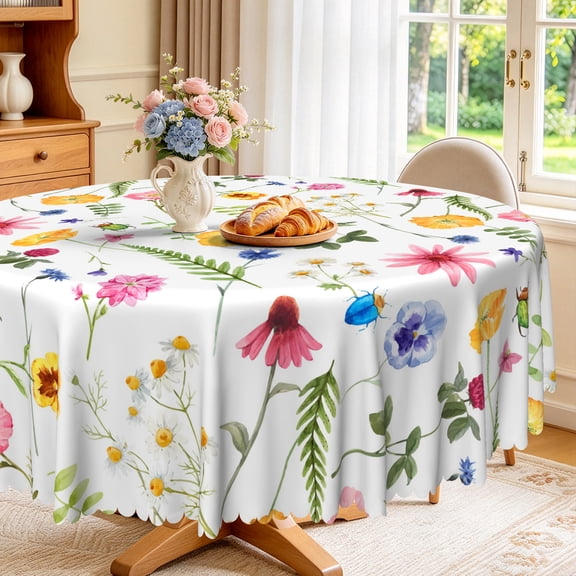 Nanqianyi Colorful Wildflower Round Tablecloth Waterproof & Oil 60 inch for Indoor Kitchen, Outdoor Picnic Decor