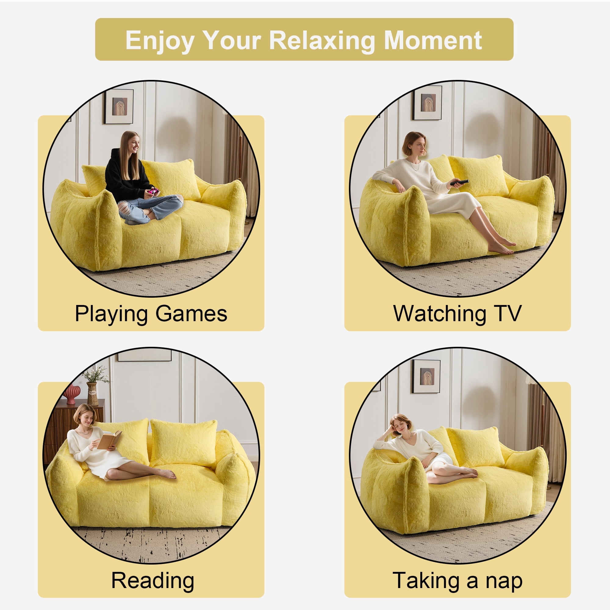 Leumius 2 Seater Boneless Sofa,Giant Bean Bag Sofa Couch with Pillows, Oversized Chaise Lounge Chair for Living Room Bedroom,No Assembly,Yellow