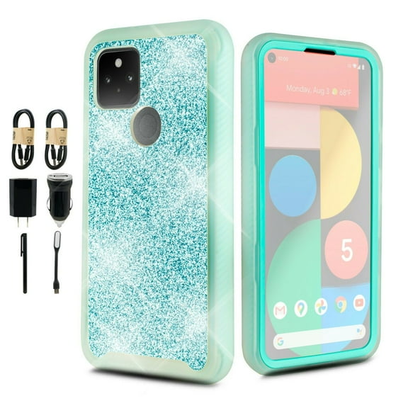Bundle and for Google Pixel 5 5G Glitter Case Phone Case Dual Layer Full-Body Rugged Clear Back Case Drop Resistant Shockproof Case with Built In Screen Protector