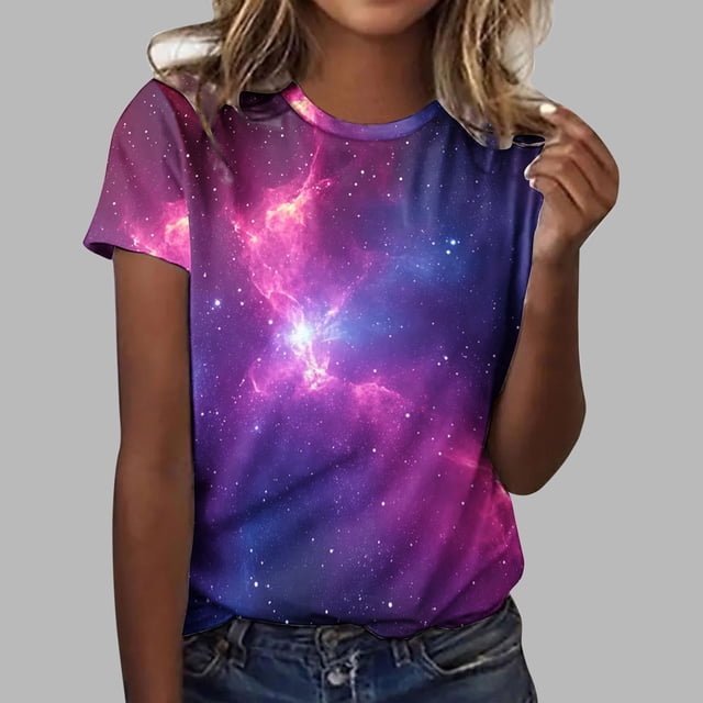 UPPADA T-Shirts d'Été pour Femmes à Imprimé Graphique, Col Ras du Cou, Décontractés, Manches Courtes, Coupe Ample, Chandails à Enfiler, Hauts Mode pour Vacances à la Plage, Blouses Multicolores, L