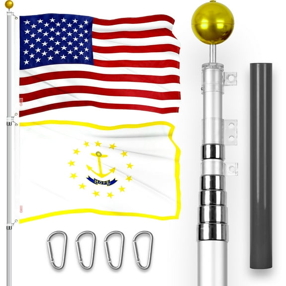 G128 Combo Pack: 25 Ft Telescoping Aluminum Flagpole (Silver) & American and Rhode Island Flags 3x5 Ft, Both ToughWeave Series Embroidered Polyester | Pole with Flags Included