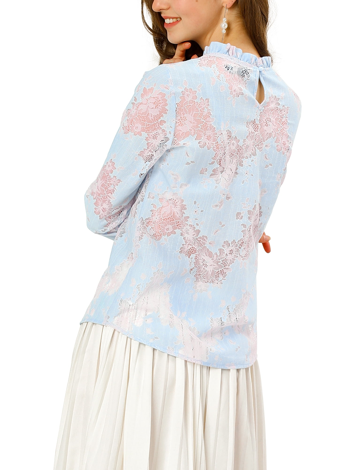 Unique Bargains Women's Floral Chroect Lace See Through Color Block Blouse