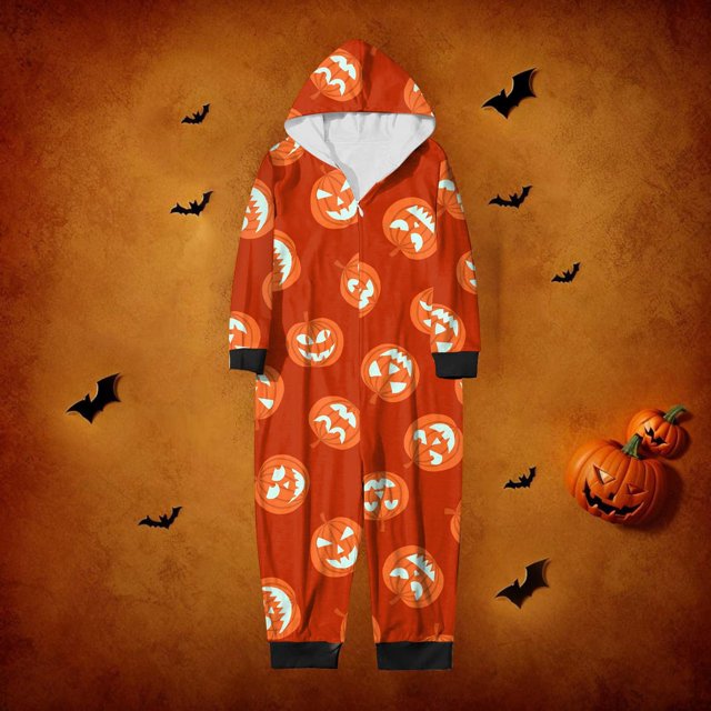 Family Halloween Pjs Matching Sets Halloween Print Long Sleeve Zippered One Piece Pajama Hooded Jumpsuit Winter Halloween Pjs Family Set