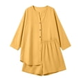 thumbnail image 4 of UVEASISHA Cotton Linen 2 Piece Sets for Women Summer Cruise Outfits Button Down Shirts and Shorts Beach Vacation Travel Clothes Yellow S, 4 of 8