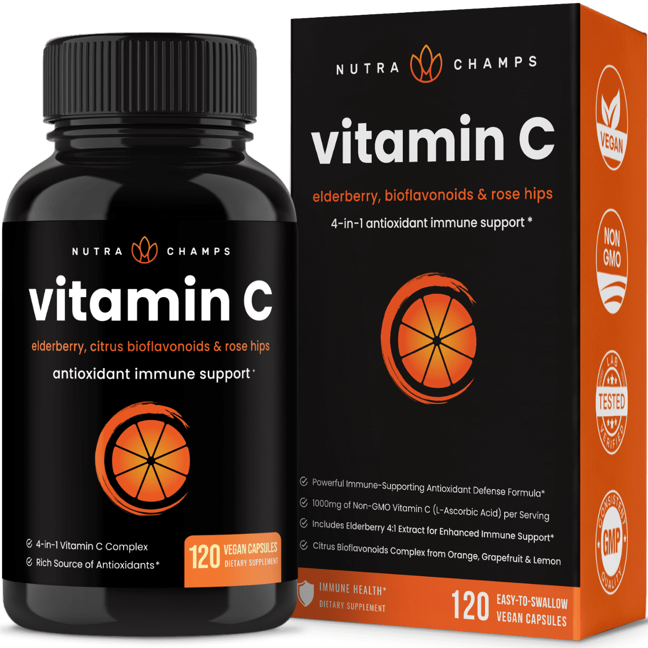 NutraChamps Vitamin C 1000mg with Rose Hips | Vitamin C Supplement with Elderberry & Citrus Bioflavonoids | Kids Immune Boosting Supplement | Non-GMO Antioxidants Supplement | 500mg Vitamin C Capsules