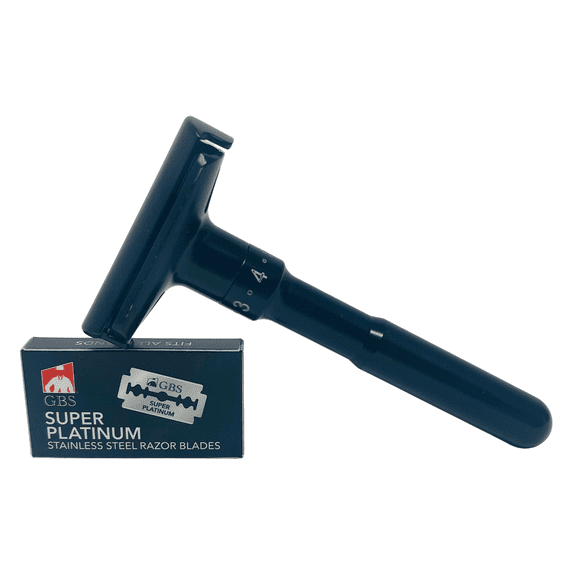 G.B.S Black Adjustable Double Edge Safety Razor with 10 Super Platinum Blades – Weighted Stainless Handle – 6 Settings – Fits All DE Razor Blades – Premium Men’s Shaving Tool