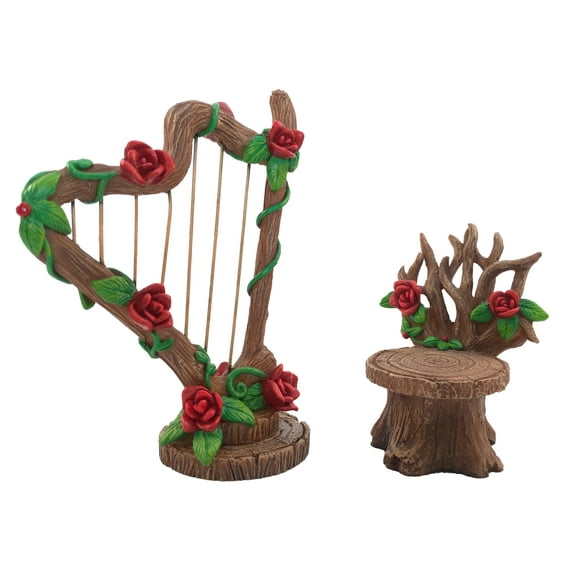 Miniature Rose Harp and Chair Set for a Fairy Garden - Miniature Garden Accessories