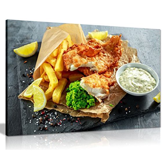 Boutique de Poissons et chips Anglais Restaurant Nourriture Art Mural sur Toile Impression Image (36x24 Po)