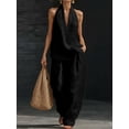 thumbnail image 3 of Women 2 Piece Outfits Halter V Neck Sleeveless Top and Wide Leg Pants Set with Pockets Black S, 3 of 6