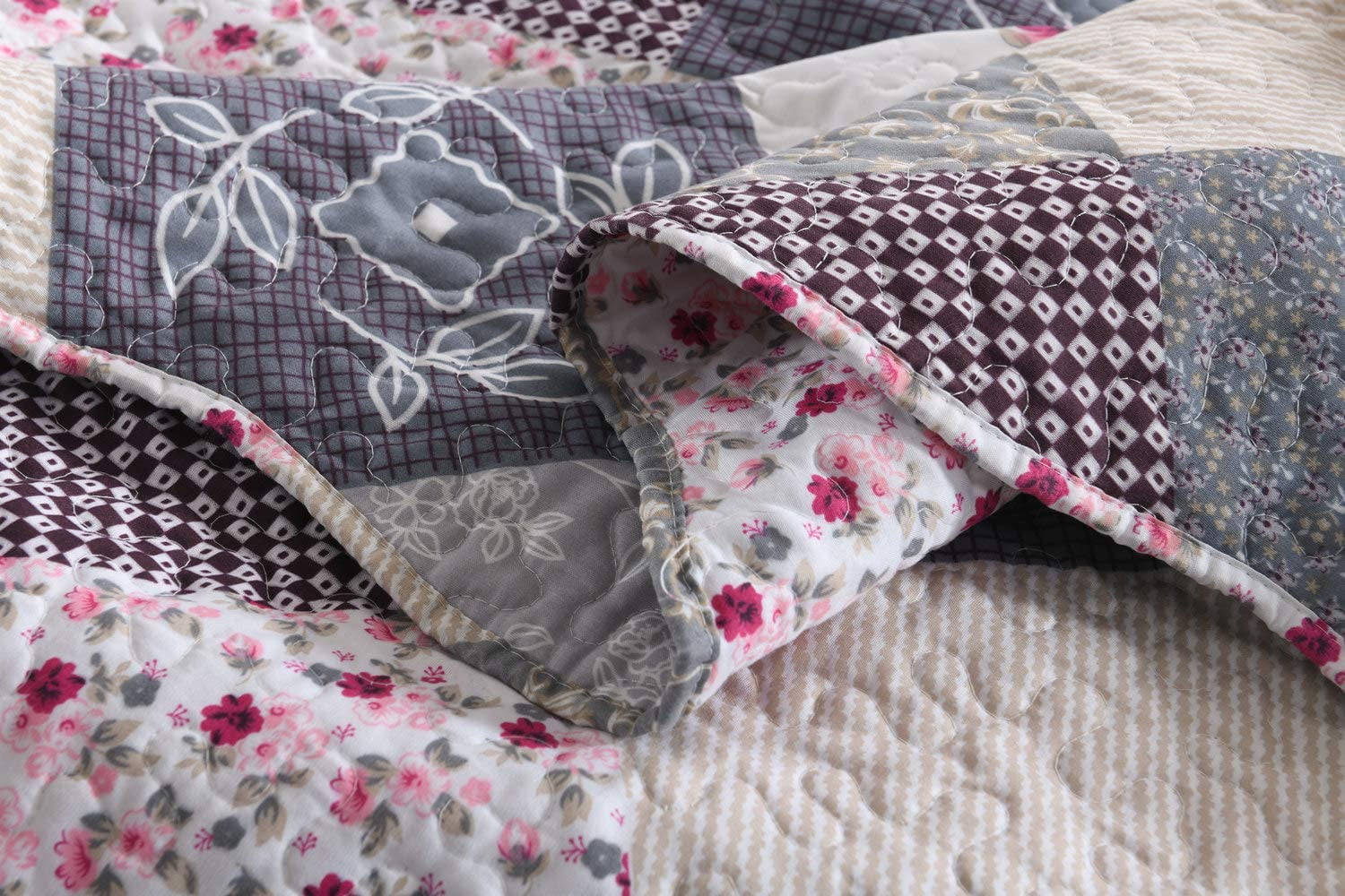 WannaToo Quilt Set 3 Piece Microfiber Quilts Reversible Bedspreads Patchwork Coverlets Floral Bedding Set All Season, Grey Rose, King size
