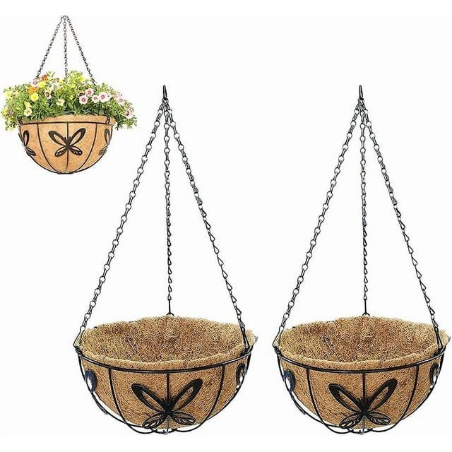 2 Pieces Metal Hanging Flower Basket, Coconut Fiber Hanging Flower Basket, Hanging Flower Basket, for Indoor and Outdoor Plants