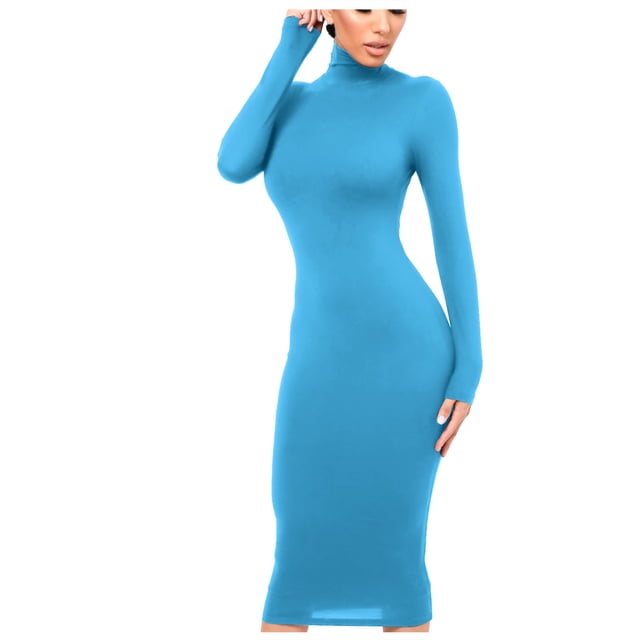 Hamky Robe Moulante Col Haut Robe Maxi Femme Mode Slim Col Haut Longue Robe Manches Longues Robe Manches Longues Robe pour Femmes Robe Bleue L
