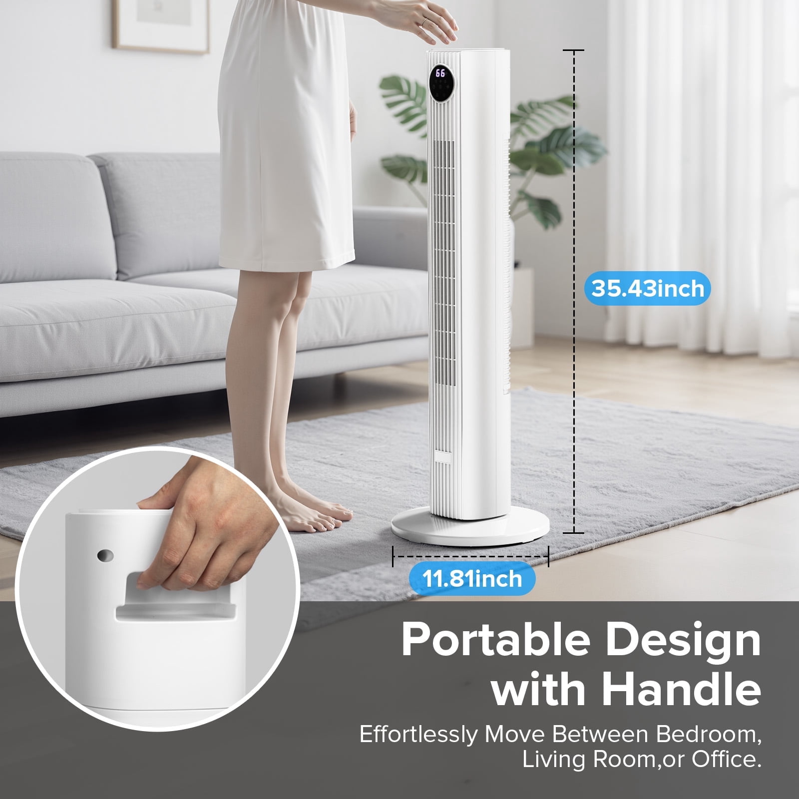 Electactic 35" Oscillating Tower Fan, Bladeless Floor Fan with Remote, 4 Modes & 3 Speeds, 12H Timer, Quiet & Family-Safe, LED Display, 85° Wide Cooling for Bedroom & Home (White)