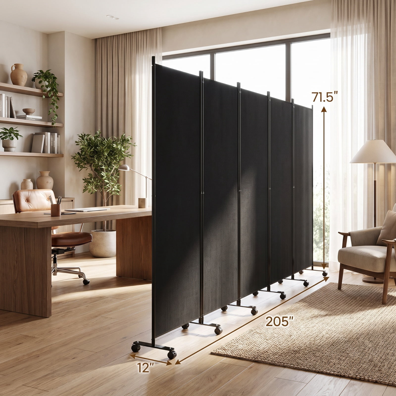 Vebreda 6-Panel Rolling Room Divider Folding Privacy Screen with Lockable Wheels, Freestanding Fabric Partition for Bedroom Office Studio, Black