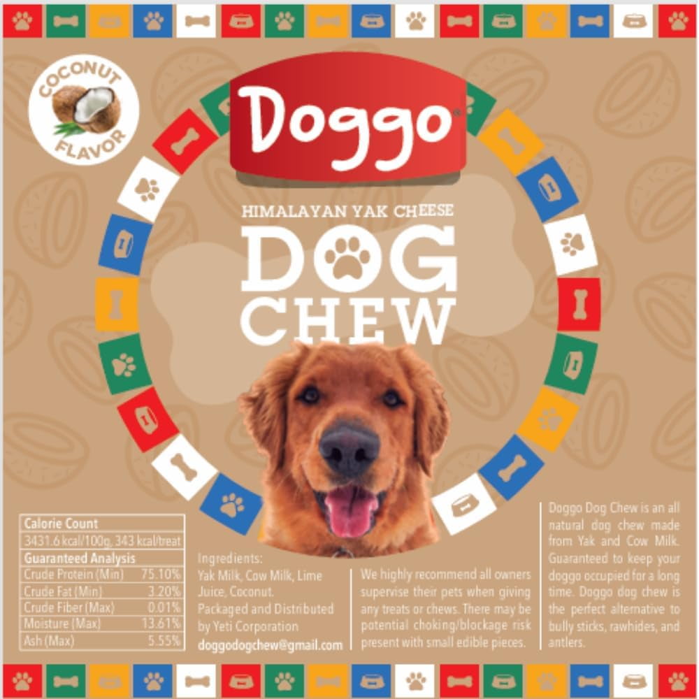 Doggo Dog Chew Shelf-Stable Natural Coconut Flavor Yak Chews for Dogs, Long-Lasting, Large, 5 Pound, 23 Pieces