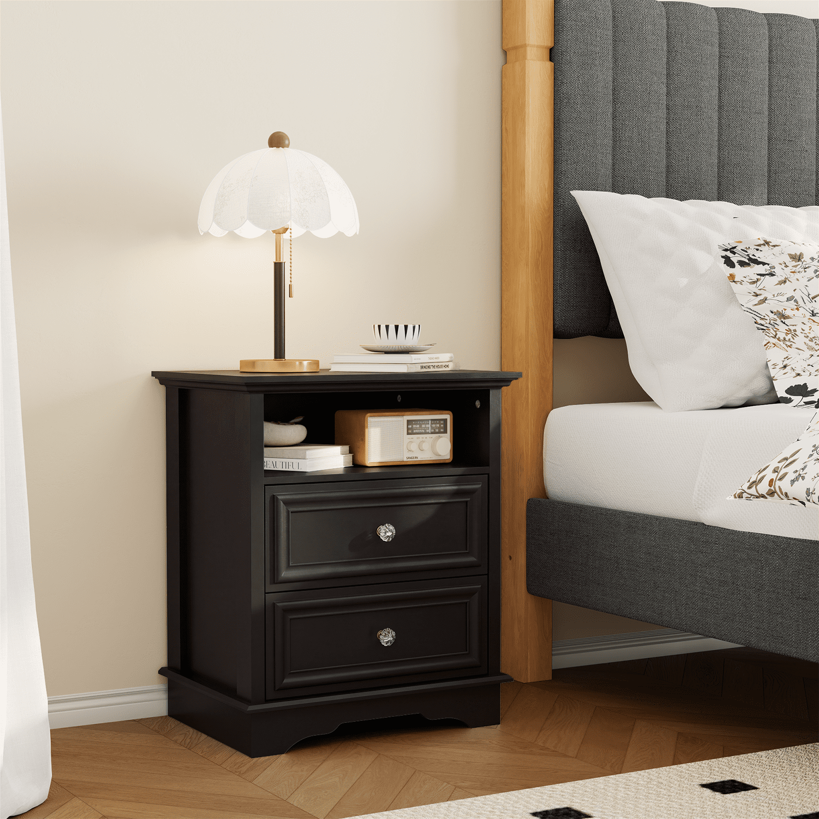 Brafabhome Set of 2 Nightstands with 2 Drawers, Mid-Century Bedside Table with Open Storage Shelf and Hidden Drawer for Bedroom Living Room | Black