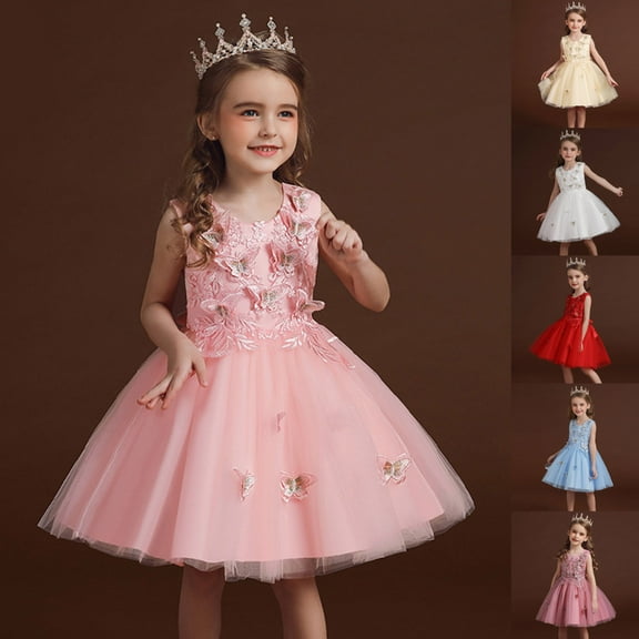 Gunia Flower Little Girl Dresses For Wedding Sleeveless Kids Summer Fashion Butterfly Printed Tulle Skirt Princess Puffy Formal Pink Dress For Girls 3-9 Years