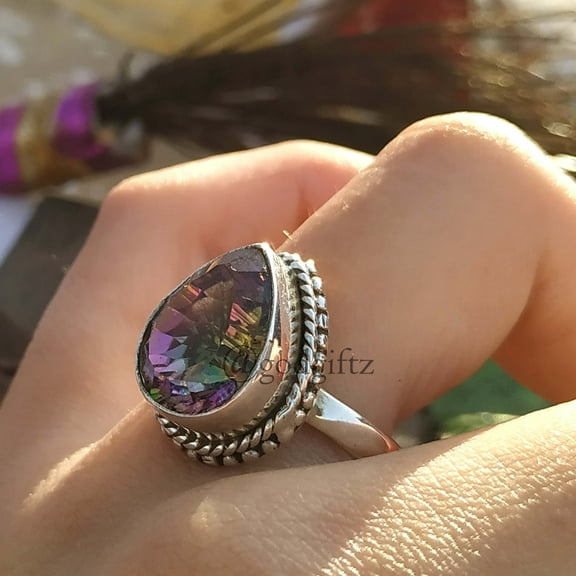 Natural Mystic Topaz Ring: 925 Sterling Silver Bohemian Jewelry
