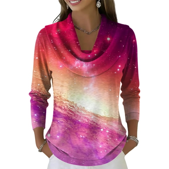 OIOLOYJM Going Out Tops for Women Casual Gradient Long Sleeve Cowl Neck Shirts Cotton Loose Fit Fashion T Shirts Spring Dressy Outfits Hot Pink L