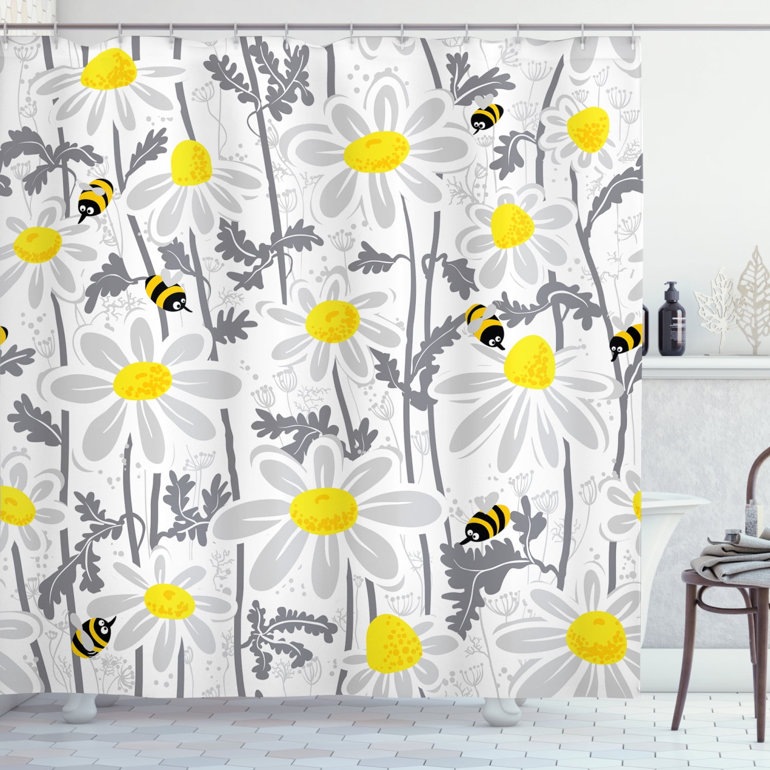 Grey Shower Curtain, Daisy Flowers Bees in Spring Time Honey Petals